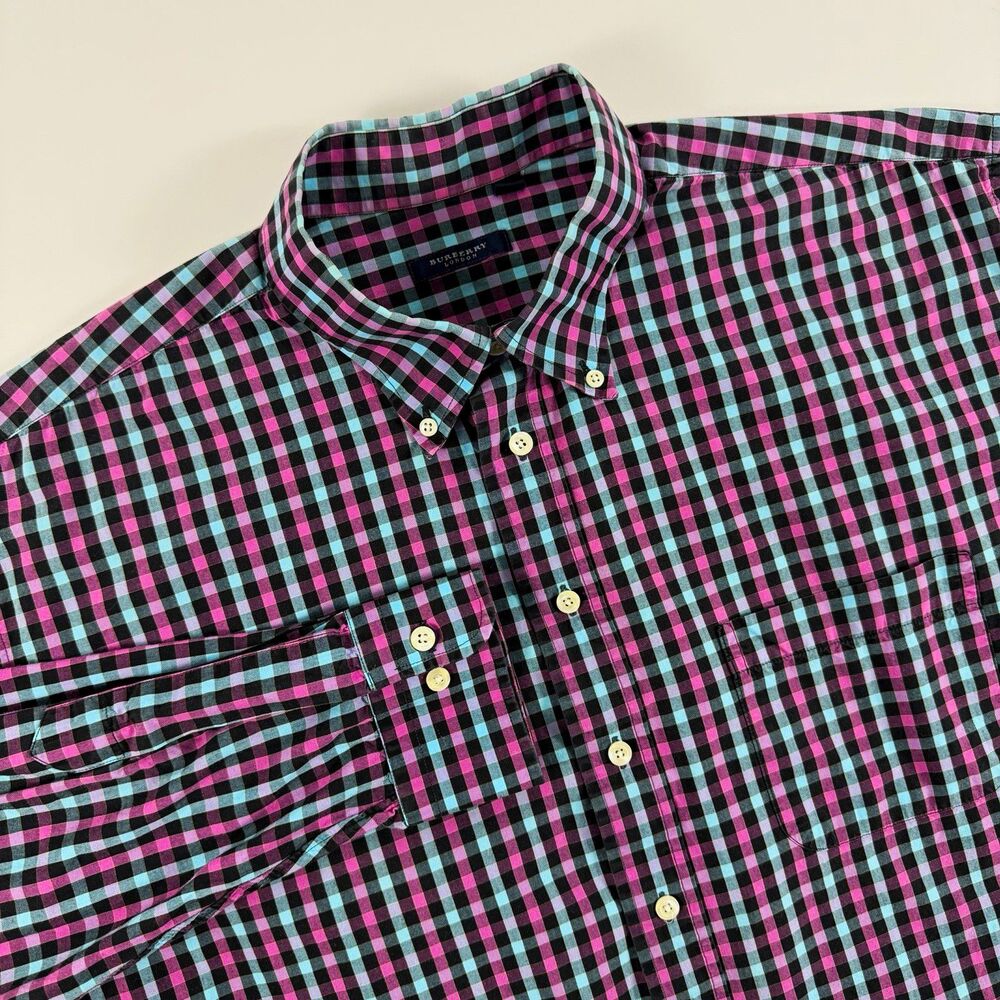 Burberry London Men’s XL Plaid Button Down Shirt Black Pink Blue Made USA